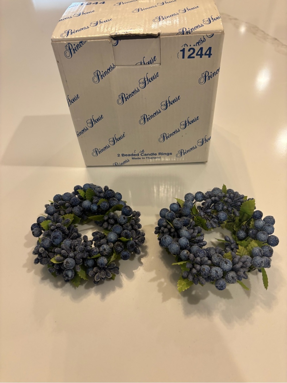 Princess House Blue Berry Beaded Candle Rings with Green Leaves - Set of 2